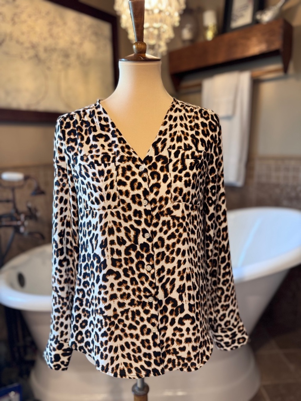 Express Leopard Print Button-Up Blouse in Black and Cream size xs
